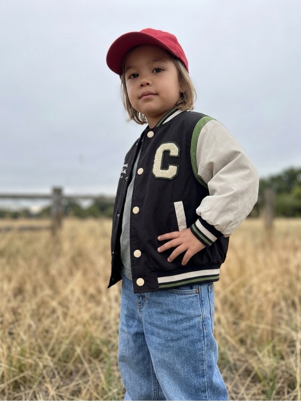 Zara Kids College Bomber Black & Cream Letterman Jacket with Green Trim